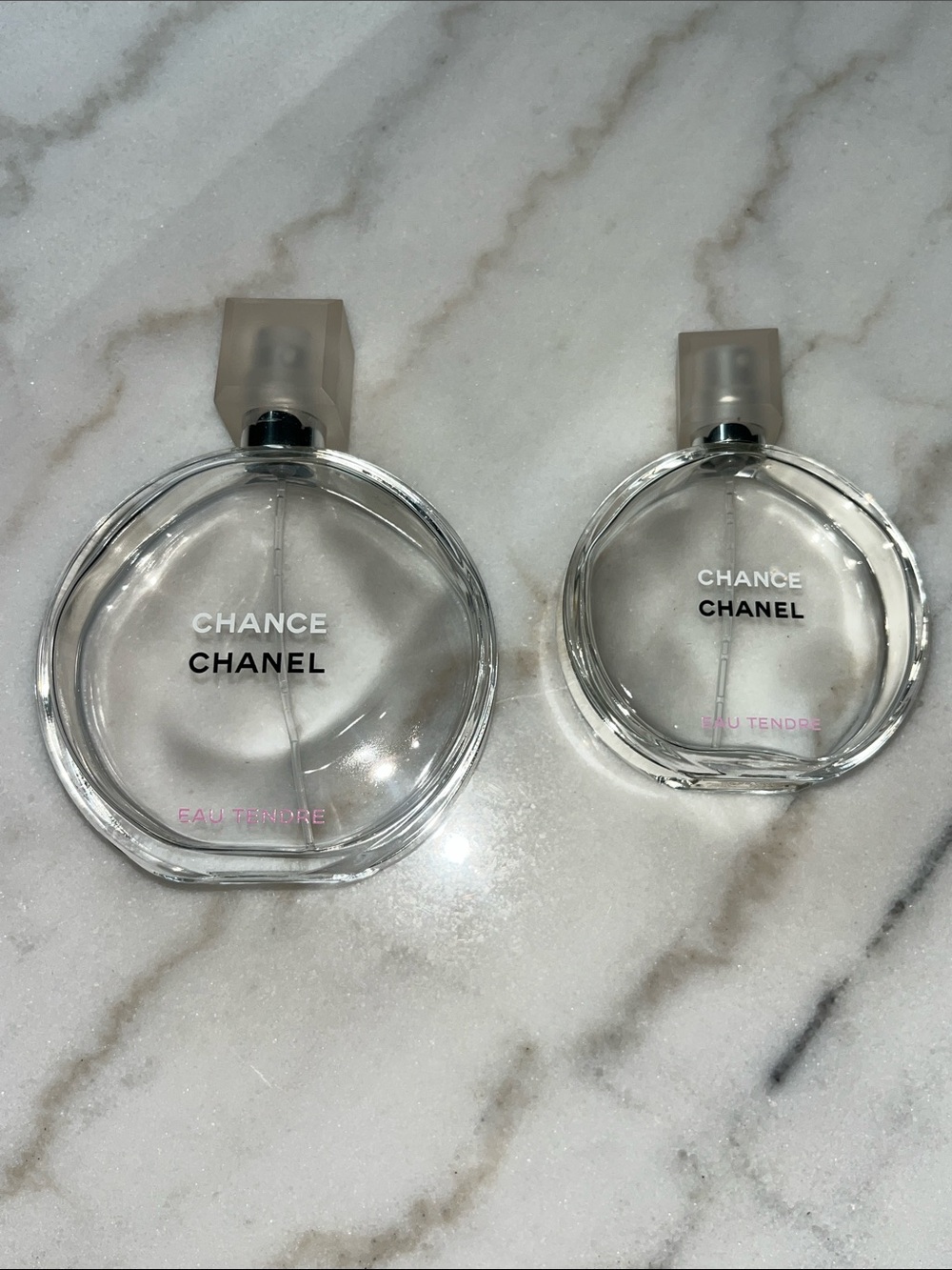 EMPTY CHANEL Chance Eau Tendre Clear Glass Bottles- 3.4oz & 1.7oz